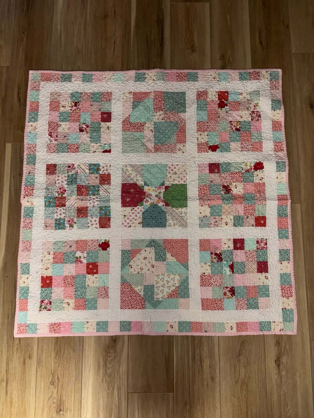 Girly Cottagecore Vintage Handmade Patchwork Baby Quilt Pink Floral 44x44